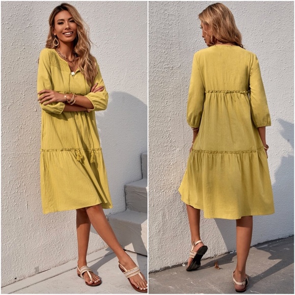 boho tassel front tie mustard 3/4 sleeve dress - Picture 3 of 3